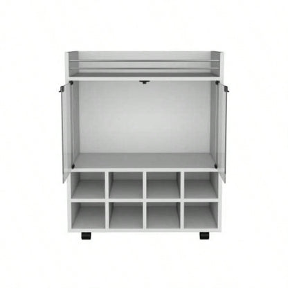 32 H white bar - coffee cart, Kitchen or living room cabinet storage with 4 wheels, with 8 bottle racks, a central shelf covered by 1 glass door, storing glasses and snacks