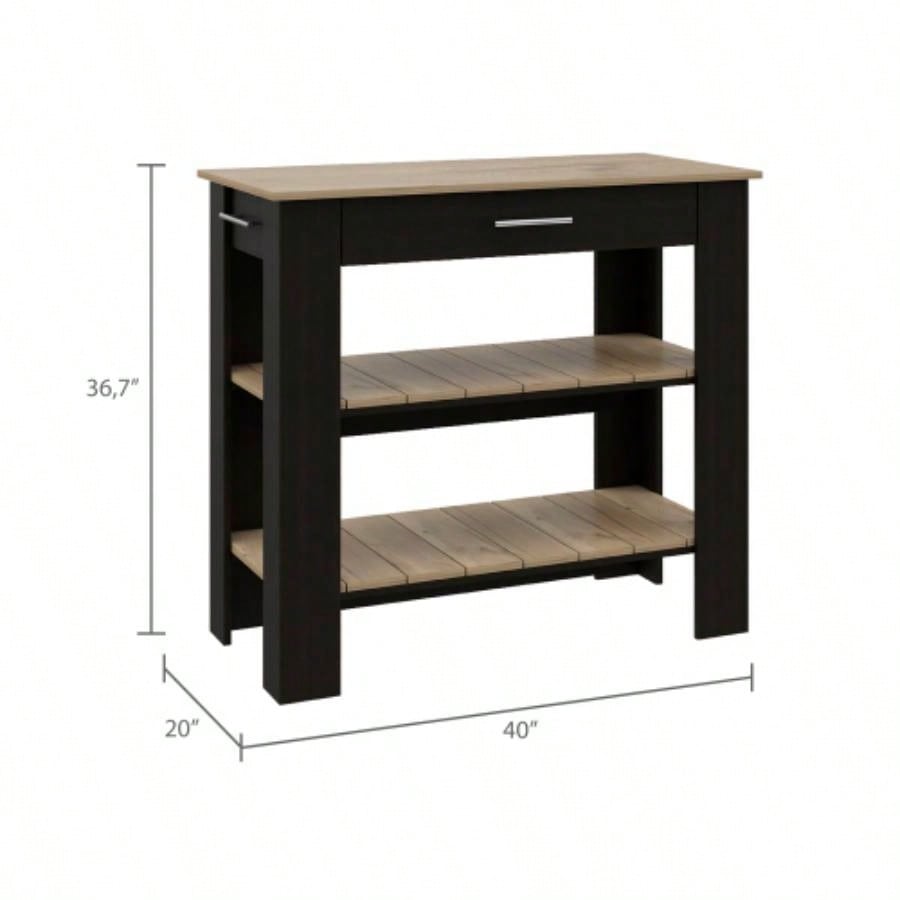 Kitchen Island 37 H, Two Open Storage Shelves, One Drawer, Four, Towel Hanger, Black/ Light Oak