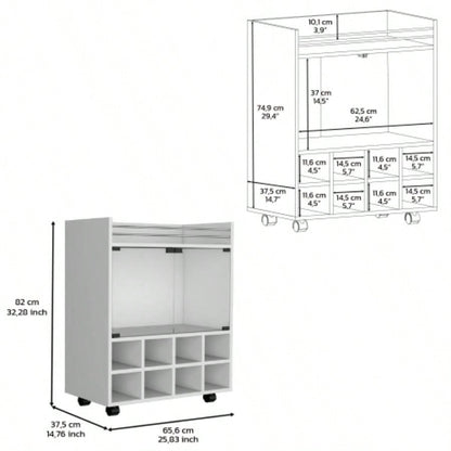 32 H white bar - coffee cart, Kitchen or living room cabinet storage with 4 wheels, with 8 bottle racks, a central shelf covered by 1 glass door, storing glasses and snacks