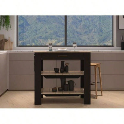 Kitchen Island 37 H, Two Open Storage Shelves, One Drawer, Four, Towel Hanger, Black/ Light Oak