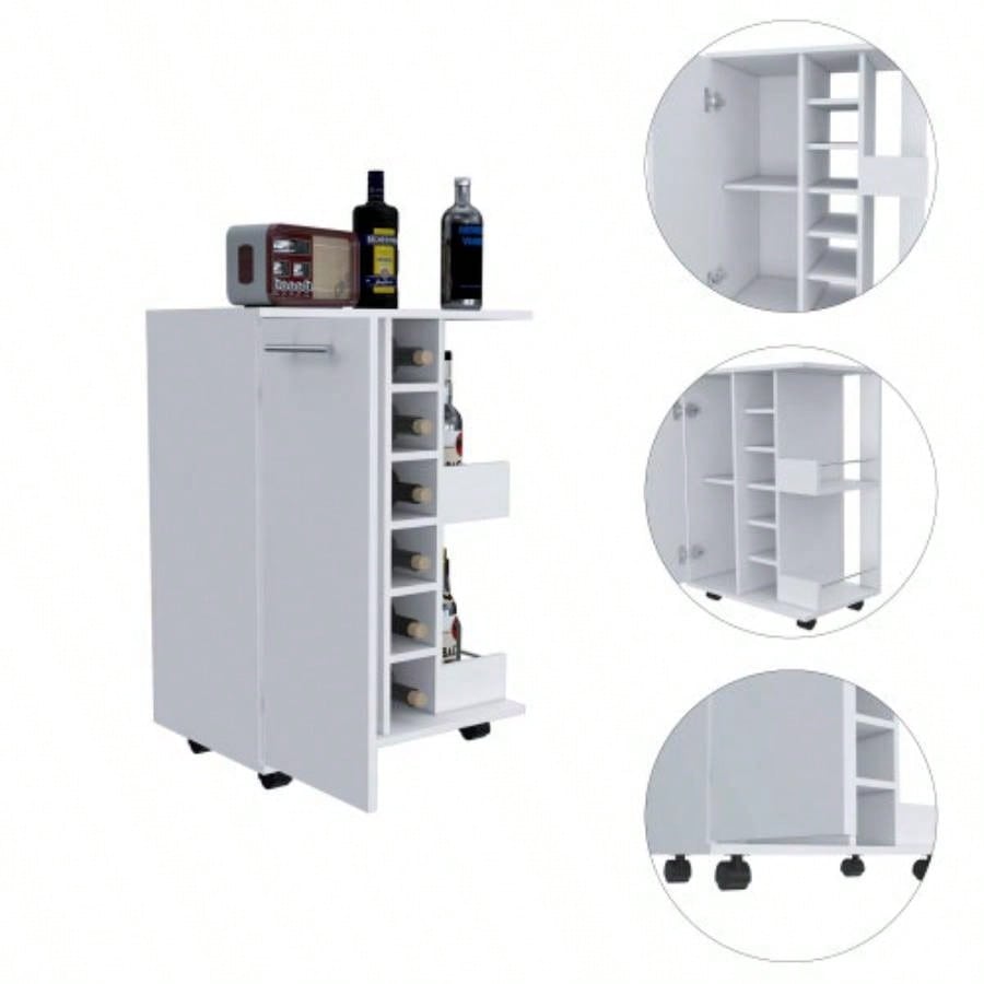 Bar Cart Wells, Four Casters, Six Wine Cubbies, Single Door Cabinet, White
