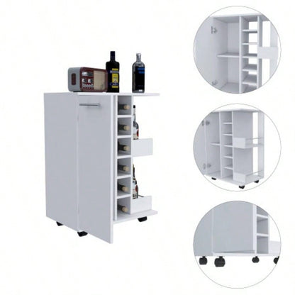 Bar Cart Wells, Four Casters, Six Wine Cubbies, Single Door Cabinet, White
