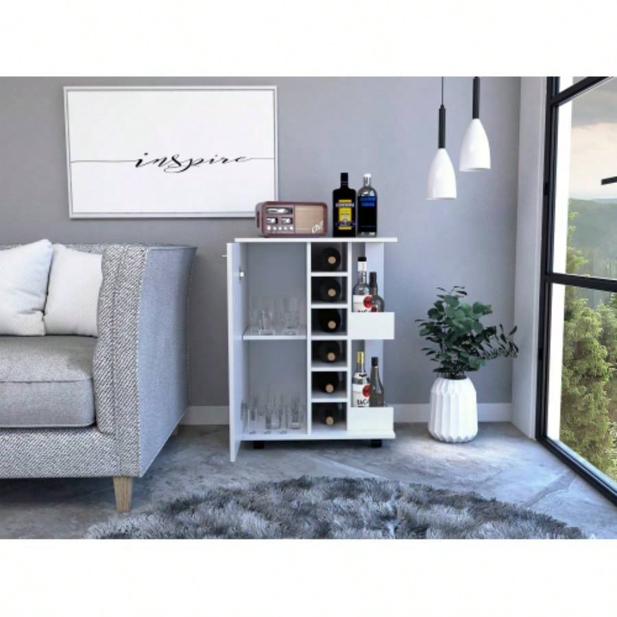 Bar Cart, One Cabinet With Division, Six Cubbies Liquor, Two Shelves