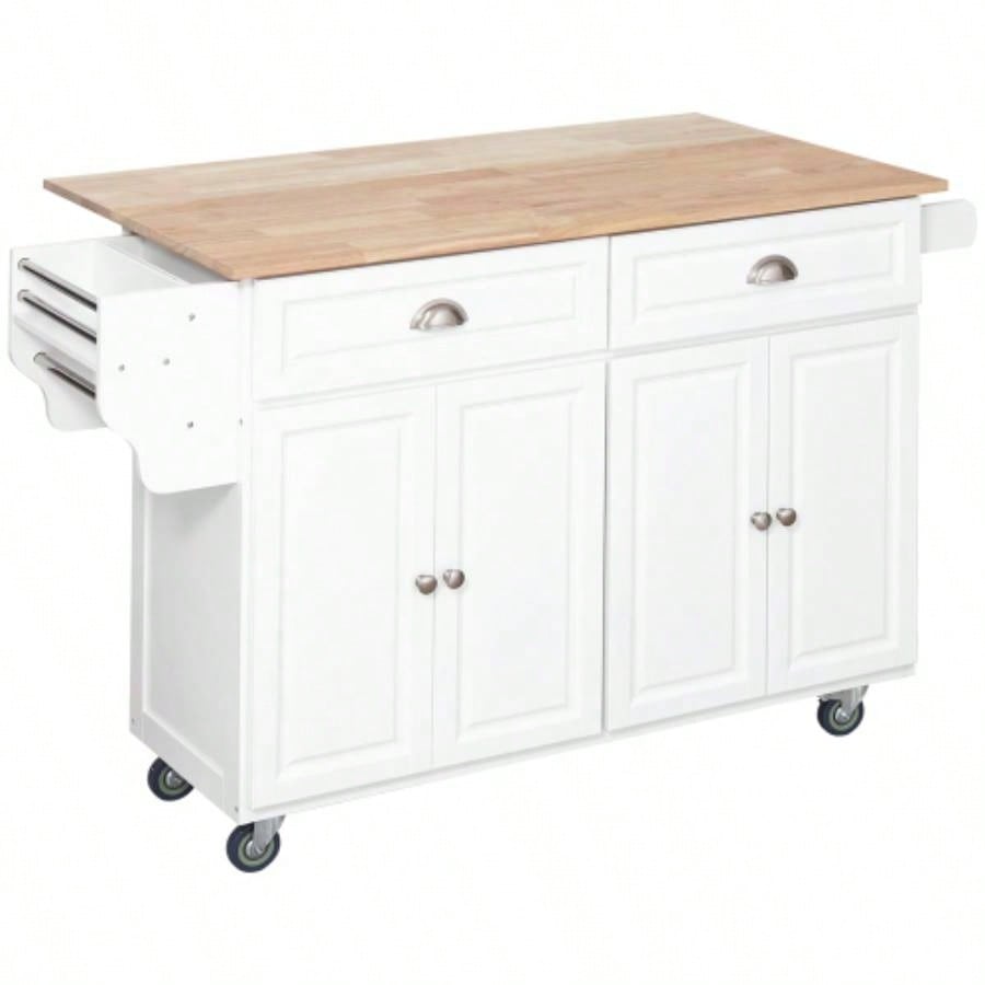 HOMCOM Rolling Kitchen Island on Wheels, Kitchen Cart with Solid Wood Drop Leaf Breakfast Bar, Storage Drawers, 4 - Door Cabinets, Spice Rack, White