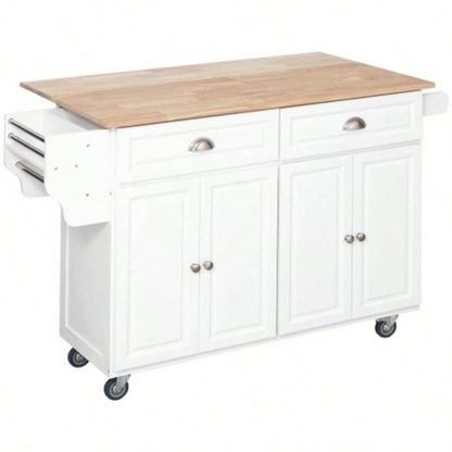 HOMCOM Rolling Kitchen Island on Wheels, Kitchen Cart with Solid Wood Drop Leaf Breakfast Bar, Storage Drawers, 4 - Door Cabinets, Spice Rack, White