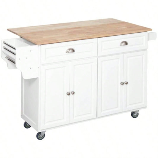 HOMCOM Rolling Kitchen Island on Wheels, Kitchen Cart with Solid Wood Drop Leaf Breakfast Bar, Storage Drawers, 4 - Door Cabinets, Spice Rack, White
