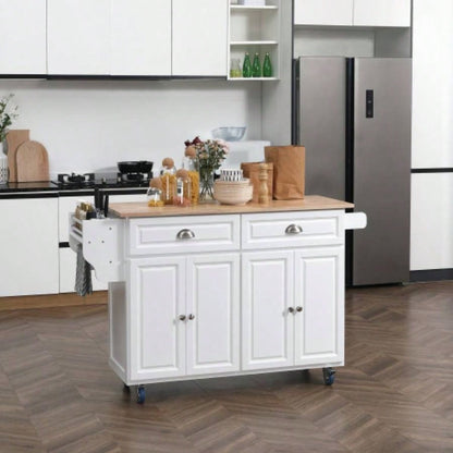HOMCOM Rolling Kitchen Island on Wheels, Kitchen Cart with Solid Wood Drop Leaf Breakfast Bar, Storage Drawers, 4 - Door Cabinets, Spice Rack, White