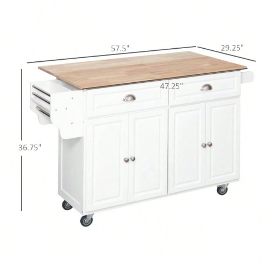 HOMCOM Rolling Kitchen Island on Wheels, Kitchen Cart with Solid Wood Drop Leaf Breakfast Bar, Storage Drawers, 4 - Door Cabinets, Spice Rack, White