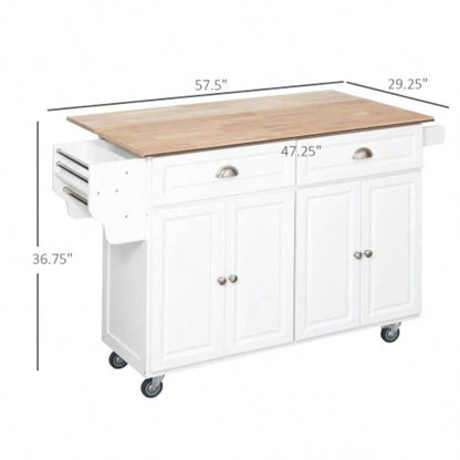 HOMCOM Rolling Kitchen Island on Wheels, Kitchen Cart with Solid Wood Drop Leaf Breakfast Bar, Storage Drawers, 4 - Door Cabinets, Spice Rack, White