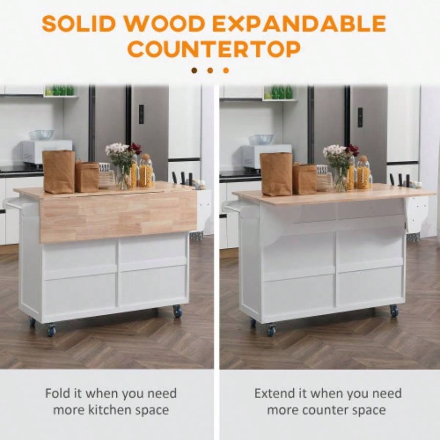 HOMCOM Rolling Kitchen Island on Wheels, Kitchen Cart with Solid Wood Drop Leaf Breakfast Bar, Storage Drawers, 4 - Door Cabinets, Spice Rack, White