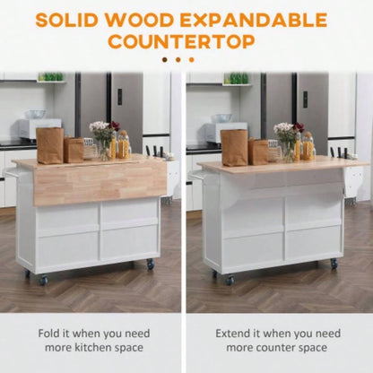 HOMCOM Rolling Kitchen Island on Wheels, Kitchen Cart with Solid Wood Drop Leaf Breakfast Bar, Storage Drawers, 4 - Door Cabinets, Spice Rack, White