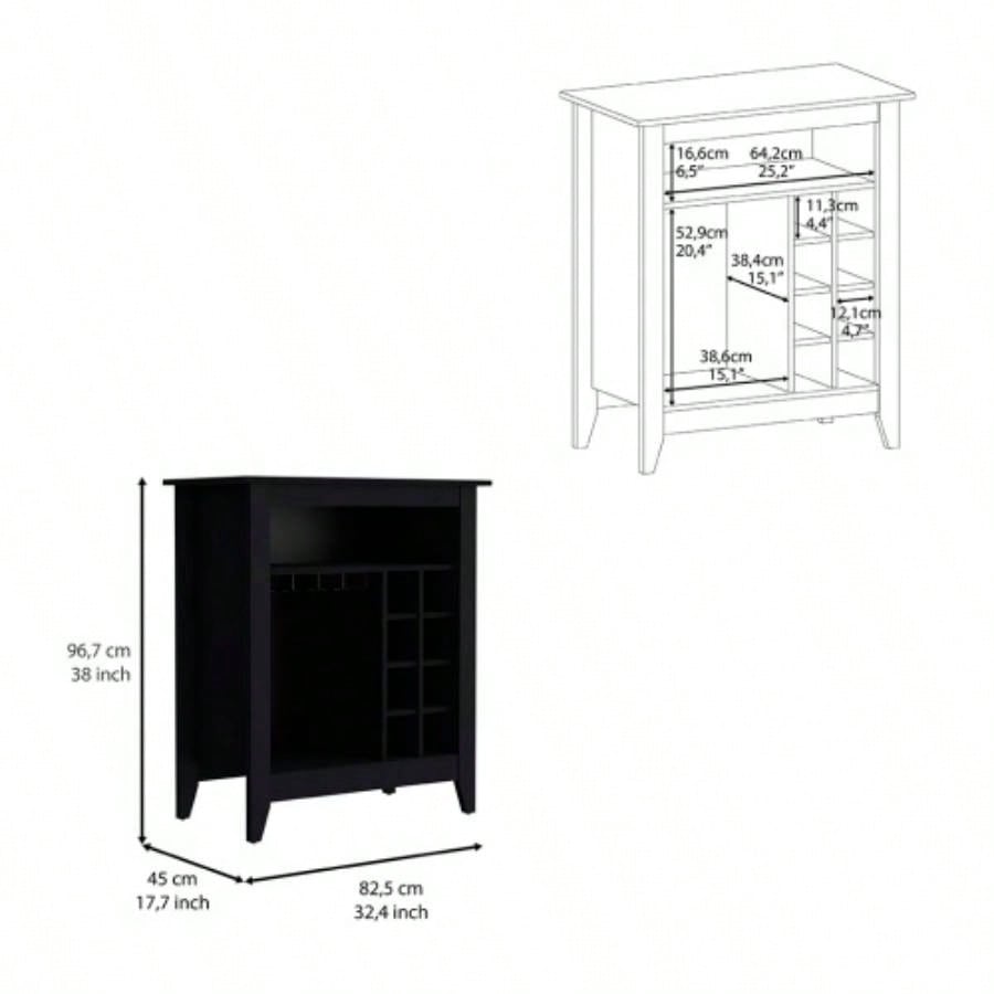 Bar Cabinet Castle, One Open Shelf, Six Wine Cubbies, Black Wengue