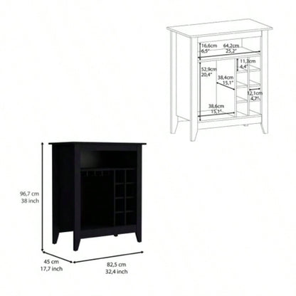 Bar Cabinet Castle, One Open Shelf, Six Wine Cubbies, Black Wengue