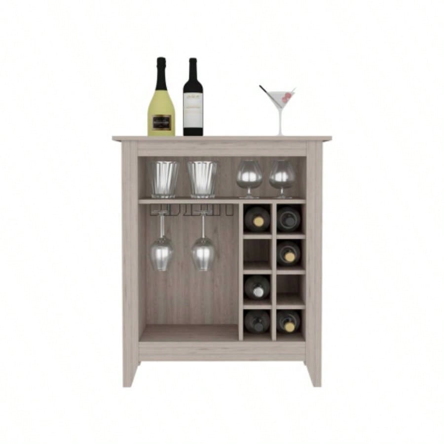 Bar Cabinet Castle, One Open Shelf, Six Wine Cubbies, Light Gray