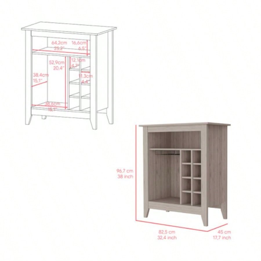 Bar Cabinet Castle, One Open Shelf, Six Wine Cubbies, Light Gray
