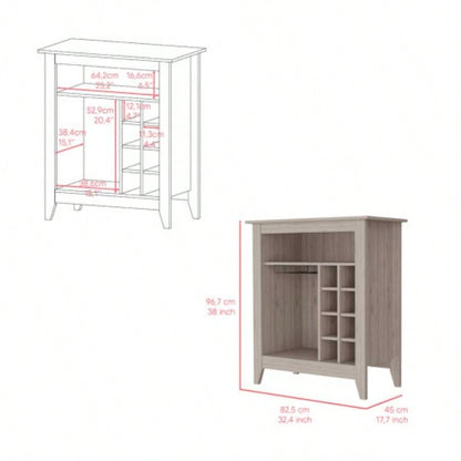 Bar Cabinet Castle, One Open Shelf, Six Wine Cubbies, Light Gray