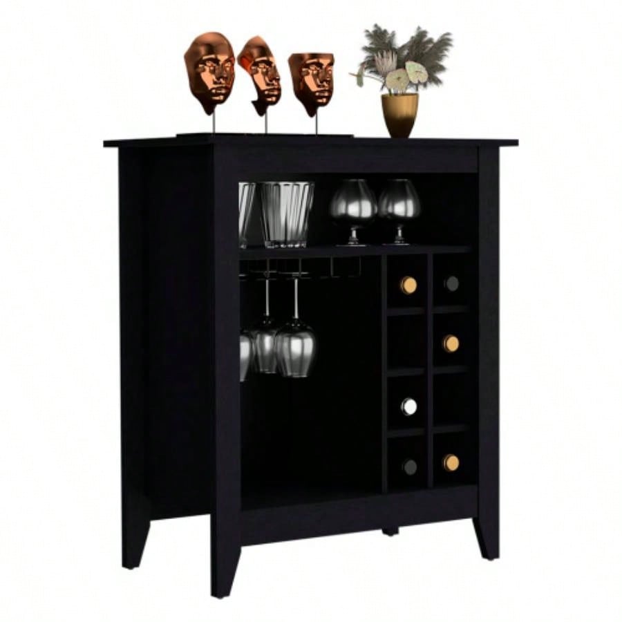 Bar Cabinet Castle, One Open Shelf, Six Wine Cubbies, Black Wengue