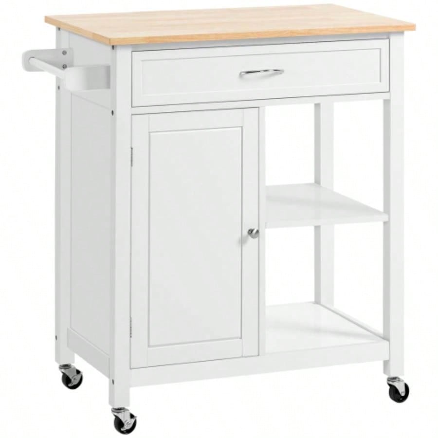 Kitchen Island Cart, Rolling Kitchen Island with Storage, Solid Wood Top, Drawer, Dining Room, White