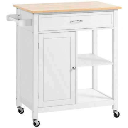 Kitchen Island Cart, Rolling Kitchen Island with Storage, Solid Wood Top, Drawer, Dining Room, White