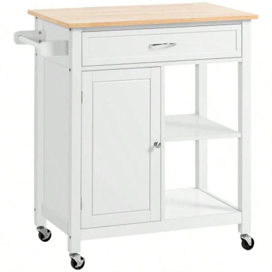 Kitchen Island Cart, Rolling Kitchen Island with Storage, Solid Wood Top, Drawer, Dining Room, White