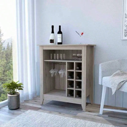 Bar Cabinet Castle, One Open Shelf, Six Wine Cubbies, Light Gray