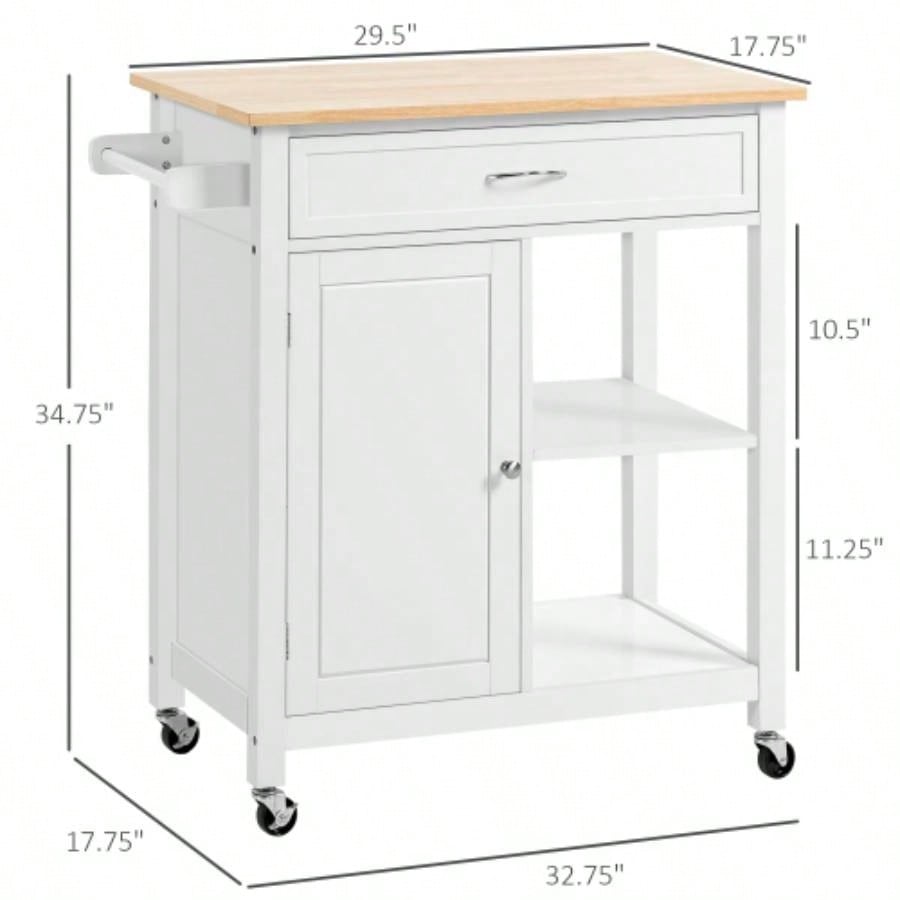 Kitchen Island Cart, Rolling Kitchen Island with Storage, Solid Wood Top, Drawer, Dining Room, White