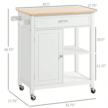 Kitchen Island Cart, Rolling Kitchen Island with Storage, Solid Wood Top, Drawer, Dining Room, White