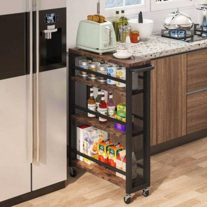 20 Slim 4 - Tier Rolling Utility Cart with Wheels, Narrow Kitchen Storage Trolley Small Spaces, Wood and Metal Spice Rack Organizer, Mobile Shelving Unit Pantry, Bathroom - Brown Black