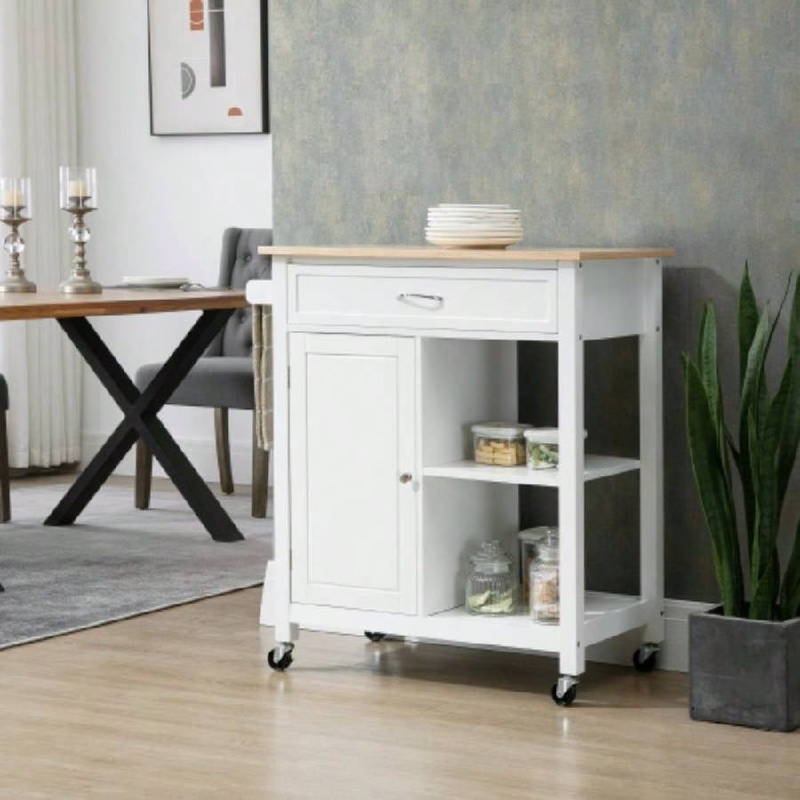 Kitchen Island Cart, Rolling Kitchen Island with Storage, Solid Wood Top, Drawer, Dining Room, White