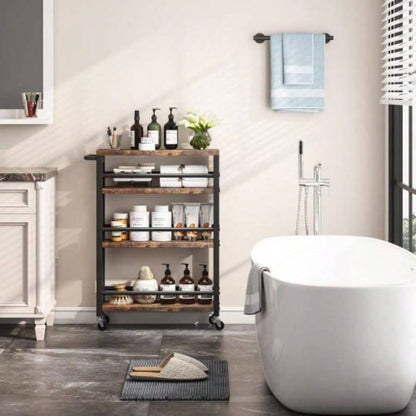 20 Slim 4 - Tier Rolling Utility Cart with Wheels, Narrow Kitchen Storage Trolley Small Spaces, Wood and Metal Spice Rack Organizer, Mobile Shelving Unit Pantry, Bathroom - Brown Black