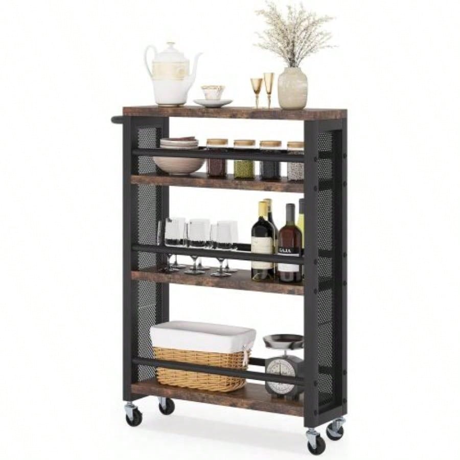 20 Slim 4 - Tier Rolling Utility Cart with Wheels, Narrow Kitchen Storage Trolley Small Spaces, Wood and Metal Spice Rack Organizer, Mobile Shelving Unit Pantry, Bathroom - Brown Black