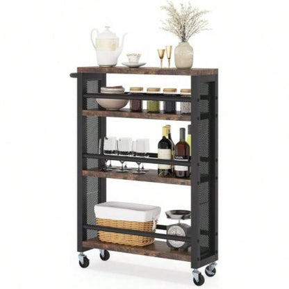 20 Slim 4 - Tier Rolling Utility Cart with Wheels, Narrow Kitchen Storage Trolley Small Spaces, Wood and Metal Spice Rack Organizer, Mobile Shelving Unit Pantry, Bathroom - Brown Black