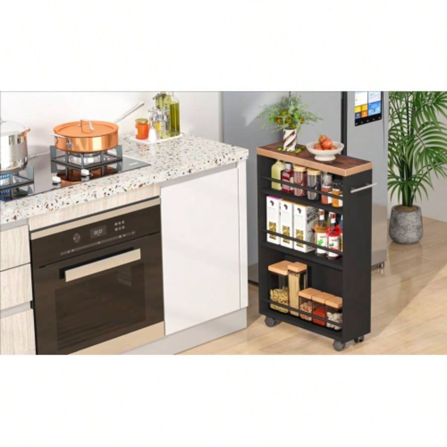 20 Slim Storage Cart - 4 - Tier Narrow Rolling Kitchen Utility Cart with Wheels Handle, Laundry Room Organizer, Slide Out Pantry Shelf Small Spaces, Bathroom - Brown Black
