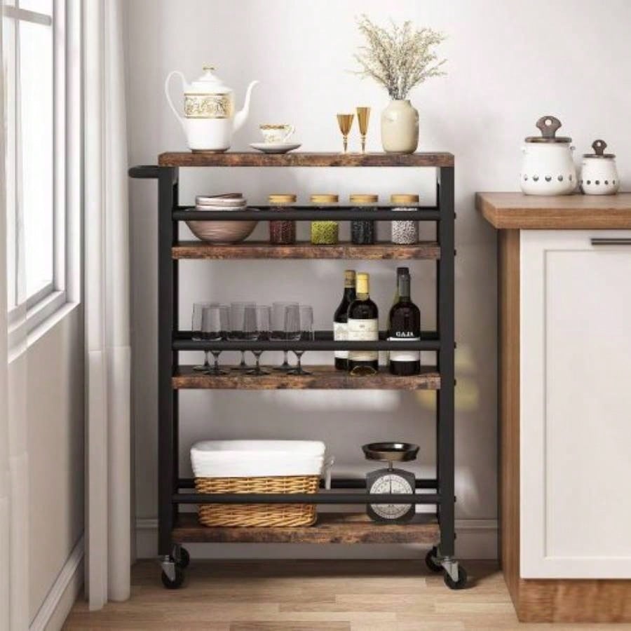 20 Slim 4 - Tier Rolling Utility Cart with Wheels, Narrow Kitchen Storage Trolley Small Spaces, Wood and Metal Spice Rack Organizer, Mobile Shelving Unit Pantry, Bathroom - Brown Black