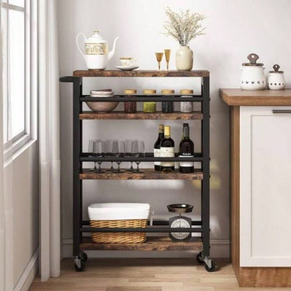 20 Slim 4 - Tier Rolling Utility Cart with Wheels, Narrow Kitchen Storage Trolley Small Spaces, Wood and Metal Spice Rack Organizer, Mobile Shelving Unit Pantry, Bathroom - Brown Black