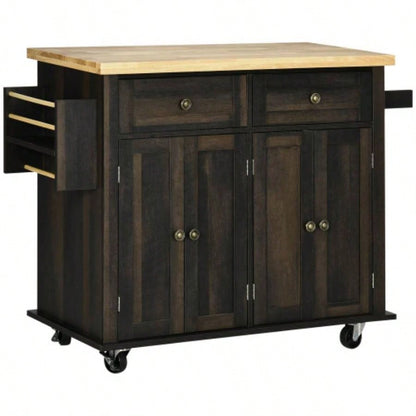 HOMCOM Modern Rolling Kitchen Island Cart with Spice Rack, Brown Oak