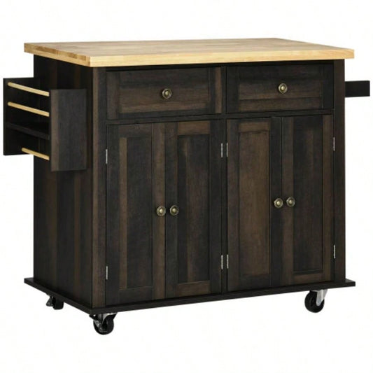 HOMCOM Modern Rolling Kitchen Island Cart with Spice Rack, Brown Oak