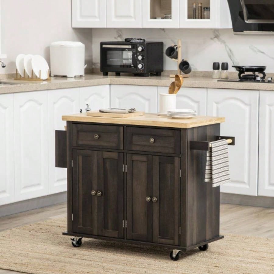 HOMCOM Modern Rolling Kitchen Island Cart with Spice Rack, Brown Oak
