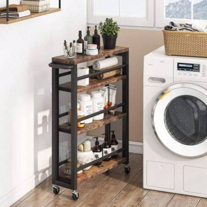 20 Slim 4 - Tier Rolling Utility Cart with Wheels, Narrow Kitchen Storage Trolley Small Spaces, Wood and Metal Spice Rack Organizer, Mobile Shelving Unit Pantry, Bathroom - Brown Black