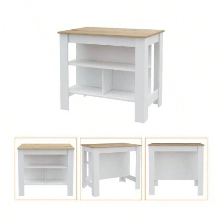 Rockaway 3 - Shelf Kitchen Island White and Light Oak