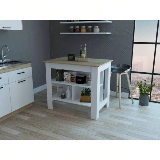 Rockaway 3 - Shelf Kitchen Island White and Light Oak