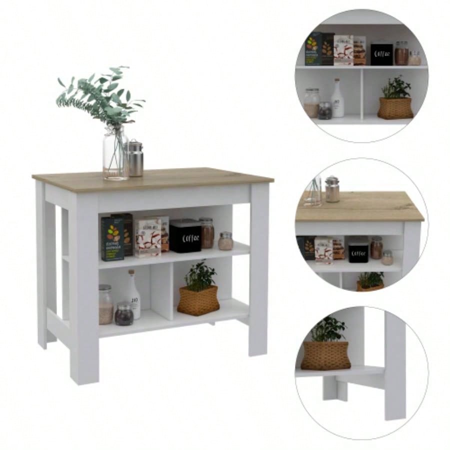 Rockaway 3 - Shelf Kitchen Island White and Light Oak