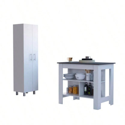 White and Onyx 2 - Piece Kitchen Set, Kitchen Island and Pantry Cabinet