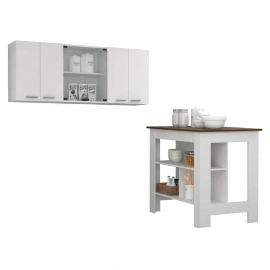 Briargate 2 - Piece Kitchen Set, Kitchen Island and Wall Cabinet, White and Walnut