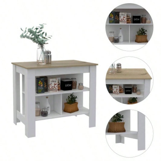 Kitchen Island Antibacterial Dozza, Three Shelves, Light Oak/ White
