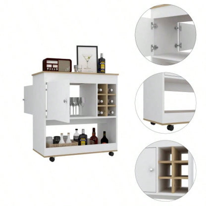 Bar Cart Aloha, Lower Panel, Six Bottle Cubbies, One Cabinet, Light Oak/ White