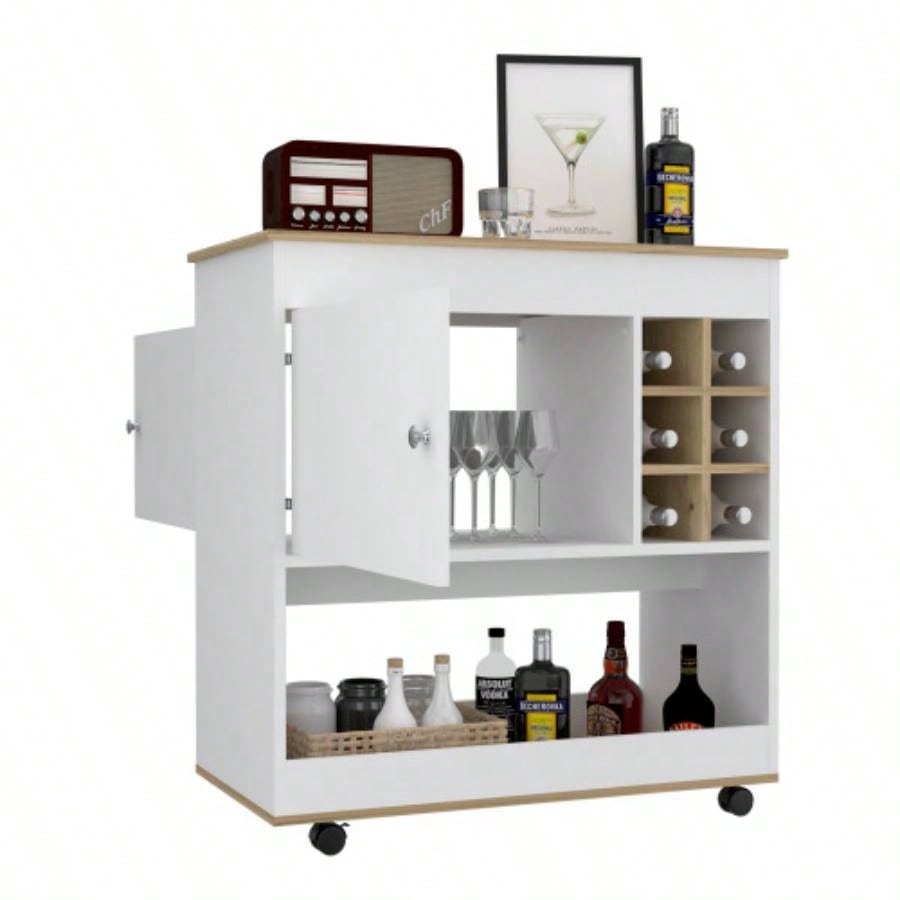 Bar Cart Aloha, Lower Panel, Six Bottle Cubbies, One Cabinet, Light Oak/ White