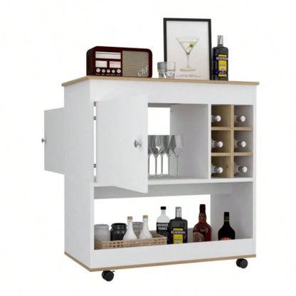 Bar Cart Aloha, Lower Panel, Six Bottle Cubbies, One Cabinet, Light Oak/ White