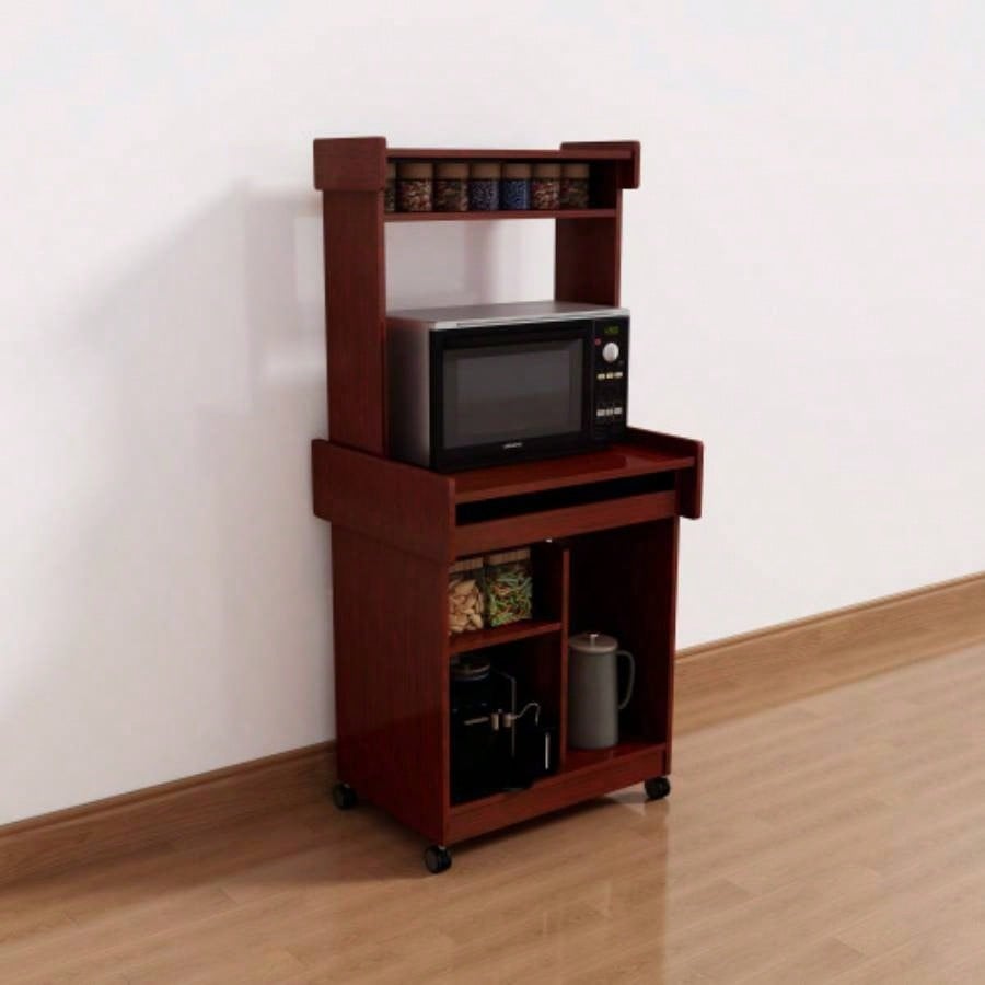 Microwave Cart Coffee Station Computer Cart on locking castors hutch gliding shelf Mahogany color