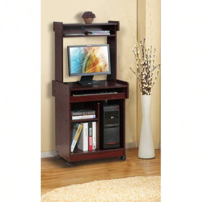 Microwave Cart Coffee Station Computer Cart on locking castors hutch gliding shelf Mahogany color